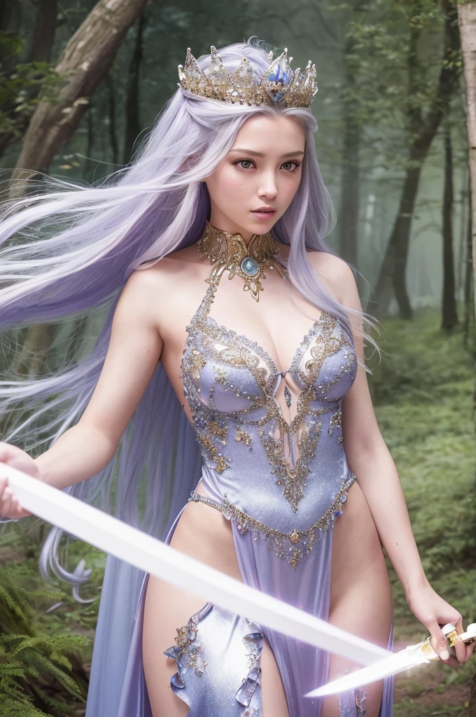 8k, RAW photo, best quality, masterpiece:1.2), (realistic, photo-realistic:1.4), (extremely detailed 8k wallpaper),Create a high-resolution fantasy illustration of a warrior princess in an enchanted forest. The princess wears intricate, shining silver armor with gold accents and a flowing royal blue cape. Her long, flowing hair is adorned with a delicate silver tiara, and she holds a glowing magical sword. The background features a mystical forest bathed in soft, ethereal light with sparkling fairy dust floating in the air. The princess's expression is determined and confident, with a sense of nobility and grace. Her eyes are fierce, yet there is a hint of gentleness, making her a captivating and strong character.