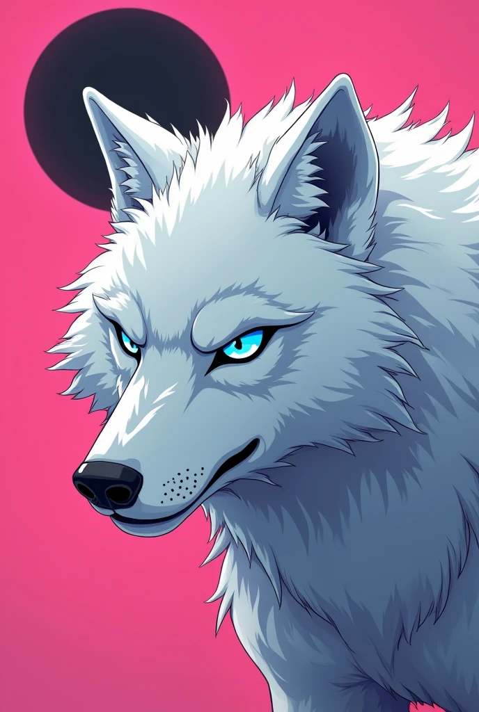 "I want a profile picture for my women's line. The image must have a wolf with an intimidating appearance, with bright blue eyes. The background must be pink, to create a strong contrast and highlight the anime style wolf white wolf closer up with a black moon behind in front fierce expression