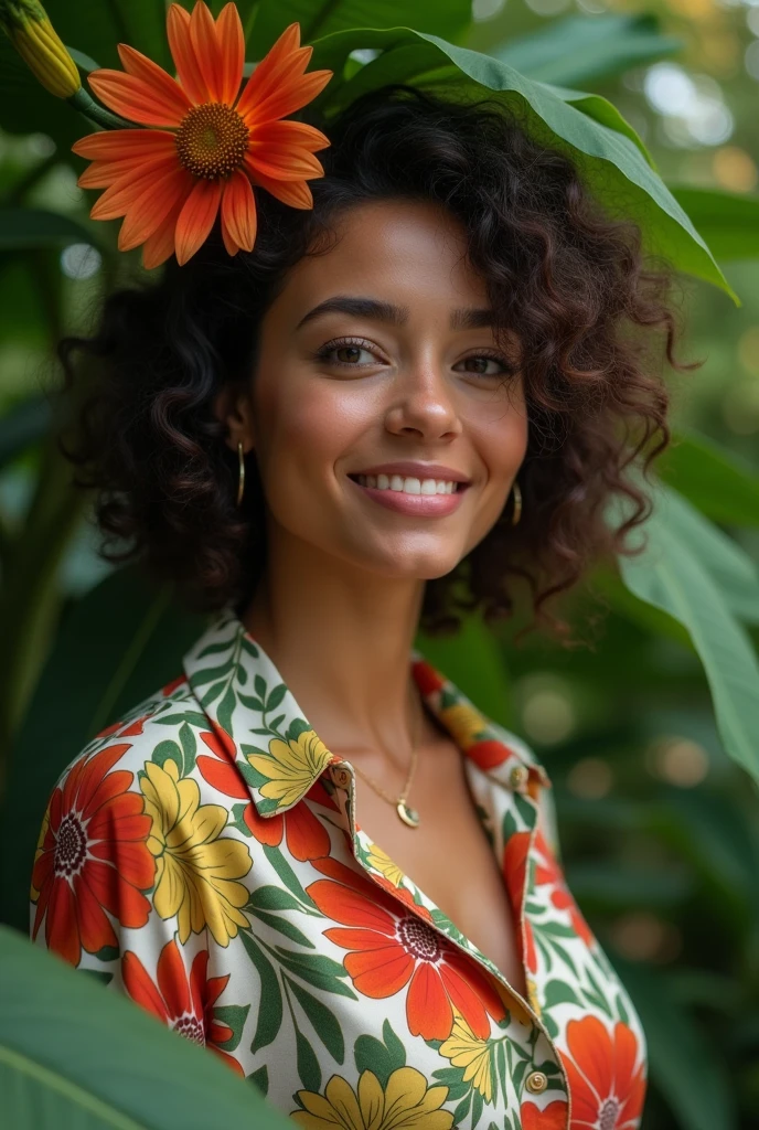 A Brazilian woman in a lush tropical garden, wearing an open shirt with a floral print, with a close-up capturing the harmonious beauty between her breasts and the natural flowers, showing off your natural charm and outgoing personality.
