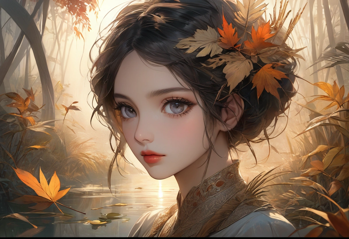 Reed landscape, bright canvas, The reed leaves are fluttering, Transparent holographic reflection, Surreal landscape made of reed leaves, Leaves viewers speechless, A beautiful world, 1 Indian woman, detailed eyes, Black eyes, detailed lips, very detailed face, long eyelashes, Beautiful and detailed portraits, elegant, tranquil expression, autumn, high quality, 8k, realistic, surrealist, studio lighting, Physically Based Rendering, vivid colors, movie lights, dramatic lighting, soft lighting, dramatic contrast, clear, ethereal, dreamlike, mysterious, magical, fancy, concept art
