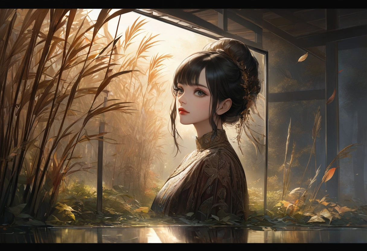 Reed landscape, bright canvas, The reed leaves are fluttering, Transparent holographic reflection, Surreal landscape made of reed leaves, Leaves viewers speechless, A beautiful world, 1 Indian woman, detailed eyes, Black eyes, detailed lips, very detailed face, long eyelashes, Beautiful and detailed portraits, elegant, tranquil expression, autumn, high quality, 8k, realistic, surrealist, studio lighting, Physically Based Rendering, vivid colors, movie lights, dramatic lighting, soft lighting, dramatic contrast, clear, ethereal, dreamlike, mysterious, magical, fancy, concept art