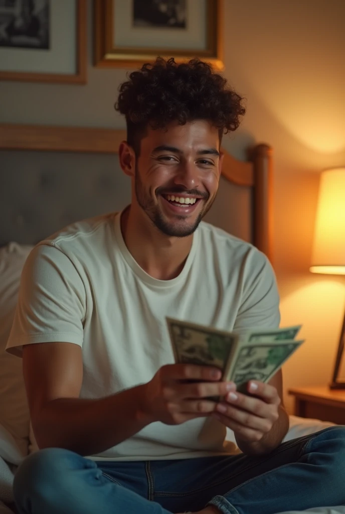 Young man in his room smiling while counting money
(Realistic style with dimensions for a YouTube video )