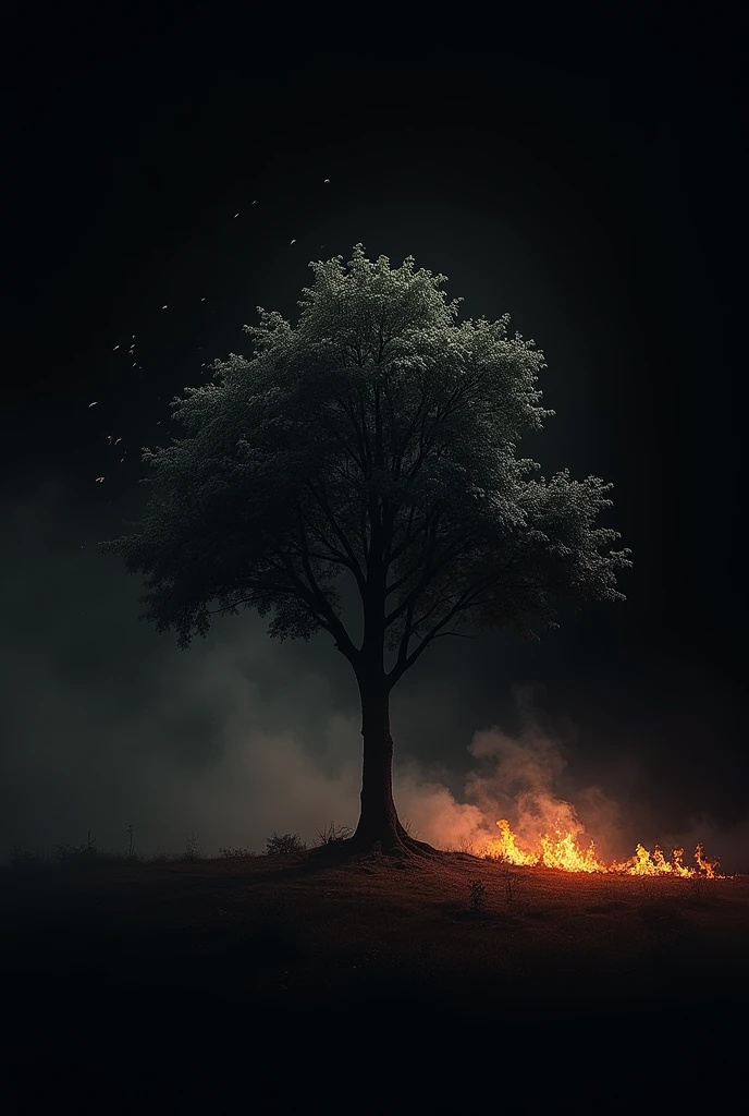 A movie poster, with a tree on the black background, flames on the edges of the poster, water drops and winds around