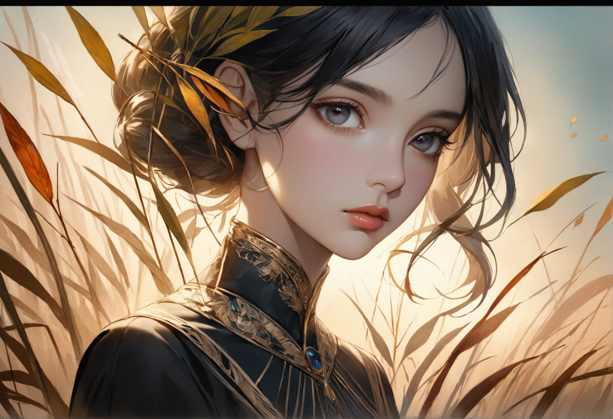 Reed landscape, bright canvas, The reed leaves are fluttering, Transparent holographic reflection, Surreal landscape made of reed leaves, Leaves viewers speechless, A beautiful world, 1 Indian woman, detailed eyes, Black eyes, detailed lips, very detailed face, long eyelashes, Beautiful and detailed portraits, elegant, tranquil expression, autumn, high quality, 8k, realistic, surrealist, studio lighting, Physically Based Rendering, vivid colors, movie lights, dramatic lighting, soft lighting, dramatic contrast, clear, ethereal, dreamlike, mysterious, magical, fancy, concept art