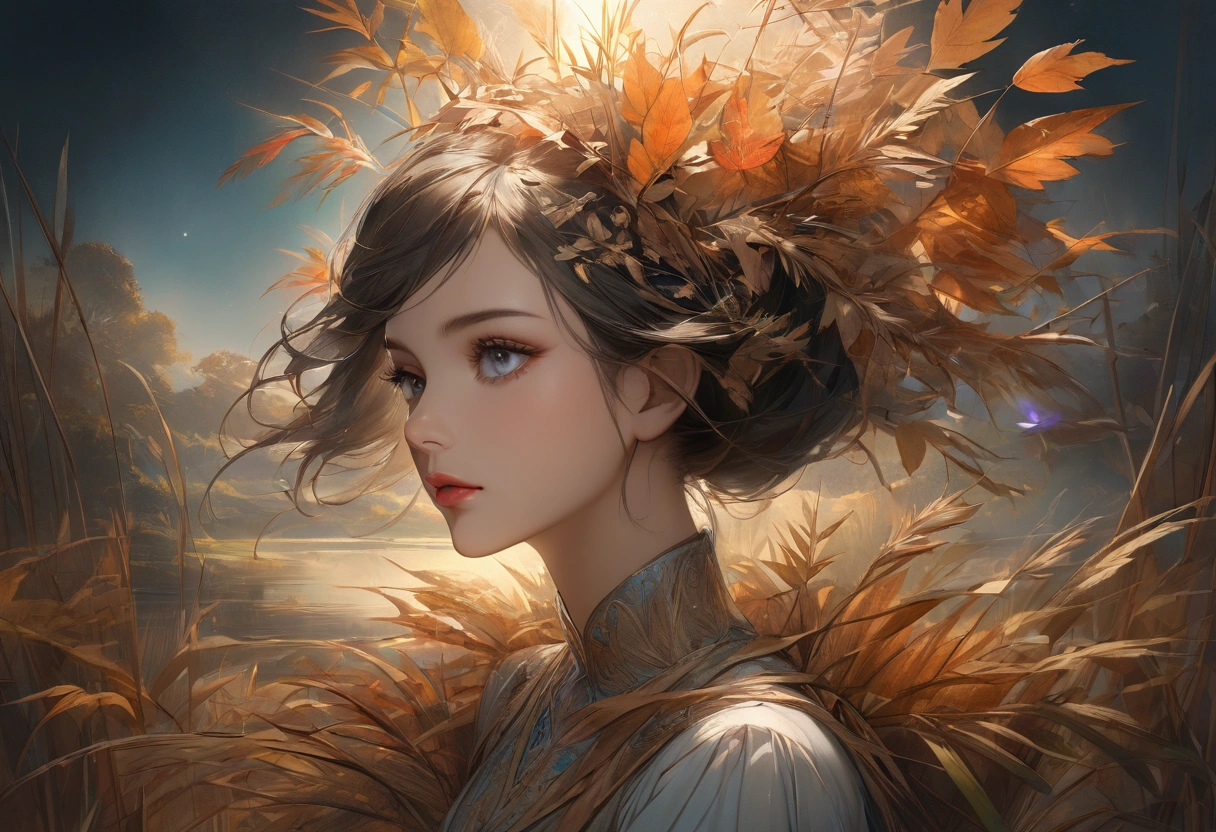 Reed landscape, bright canvas, The reed leaves are fluttering, Transparent holographic reflection, Surreal landscape made of reed leaves, Leaves viewers speechless, A beautiful world, 1 Indian woman, detailed eyes, Black eyes, detailed lips, very detailed face, long eyelashes, Beautiful and detailed portraits, elegant, tranquil expression, autumn, high quality, 8k, realistic, surrealist, studio lighting, Physically Based Rendering, vivid colors, movie lights, dramatic lighting, soft lighting, dramatic contrast, clear, ethereal, dreamlike, mysterious, magical, fancy, concept art