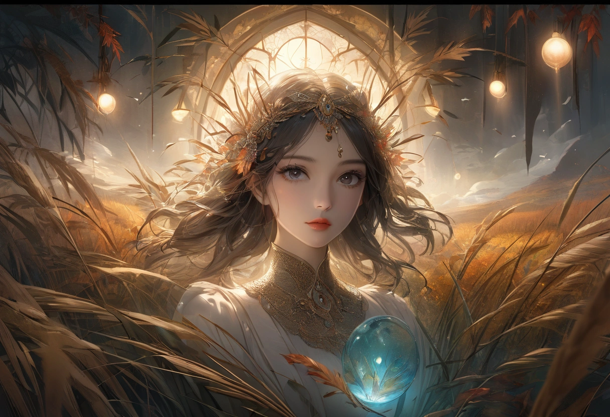 Reed landscape, bright canvas, The reed leaves are fluttering, Transparent holographic reflection, Surreal landscape made of reed leaves, Leaves viewers speechless, A beautiful world, 1 Indian woman, detailed eyes, Black eyes, detailed lips, very detailed face, long eyelashes, Beautiful and detailed portraits, elegant, tranquil expression, autumn, high quality, 8k, realistic, surrealist, studio lighting, Physically Based Rendering, vivid colors, movie lights, dramatic lighting, soft lighting, dramatic contrast, clear, ethereal, dreamlike, mysterious, magical, fancy, concept art