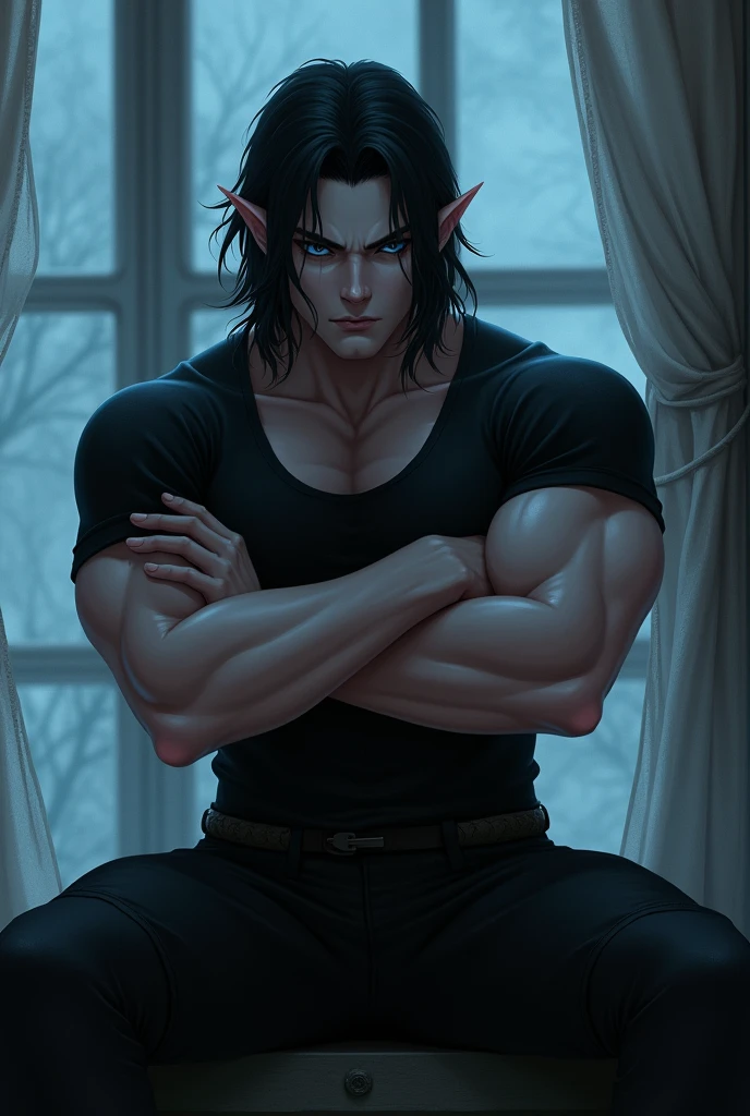 1 man, Imposing Man,Tight black clothing. pointy ears. Shoulder length black hair with only the top part pulled back behind her head. blue eyes. pale white skin. Digital art. Sitting on the edge of a window with the night in the background, long, muscular legs stretched out to the floor,Loose white curtains fluttering in the night wind, arms crossed on chest, attractive and dangerous young man, dark and tense atmosphere, dim lighting, muscles, Robust and sexy, serious, strong jaw, straight nose, affiliated cheekbones 