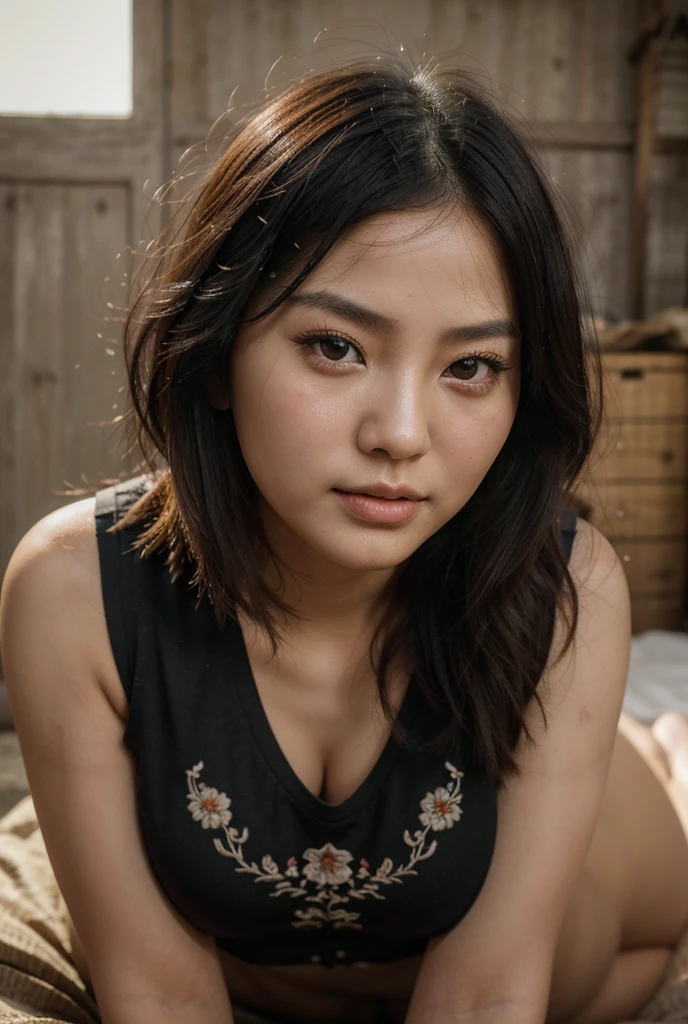 1girl, beautiful detailed female chinese woman, young, china, east asia, east asian face, voluptuous, curvaceous, short, thicc, thick thighs, natural, natural lashes, no makeup, glistening sweat, thin face, cute face, light skin, big cheeks, small eyes, traditional clothing, arafed woman, chinese farmer, china harvest, china rural travel, chinese woman, traditional china, rural china, in bed, makeshift bed, fields, impoverished, disheveled, farmer, farming, messy thick luscious hair, jet black hair, tied short hair, short hair, traditional hairstyle, cute hairstyle, cute haircut, detailed face, penetrating eyes, beautiful detailed lips, extremely detailed skin, detailed clothing, colorful clothing, (best quality,4k,8k,highres,masterpiece:1.2),ultra-detailed,(realistic,photorealistic,photo-realistic:1.37), natural lighting, warm color tones, cinematic composition