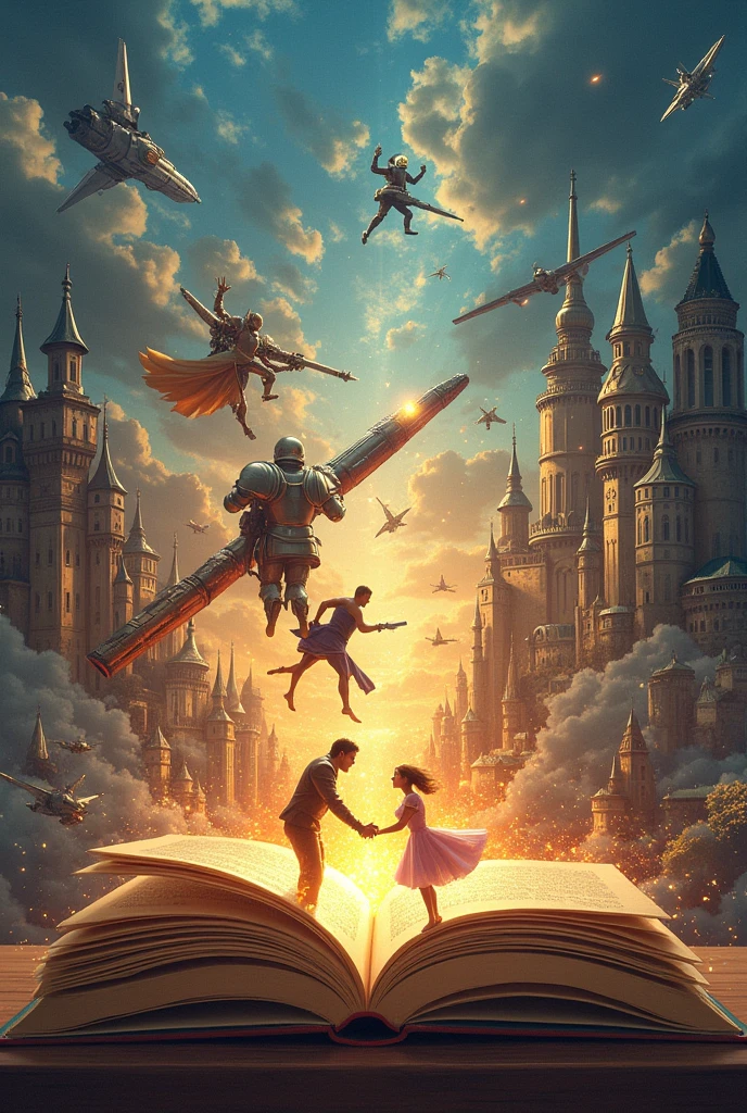 Generates an open book with an explosion of elements coming out of its pages: characters like knights, robots, people in love, next to castle landscapes, spaceships and cities. The idea is to convey that each novel contains an adventure