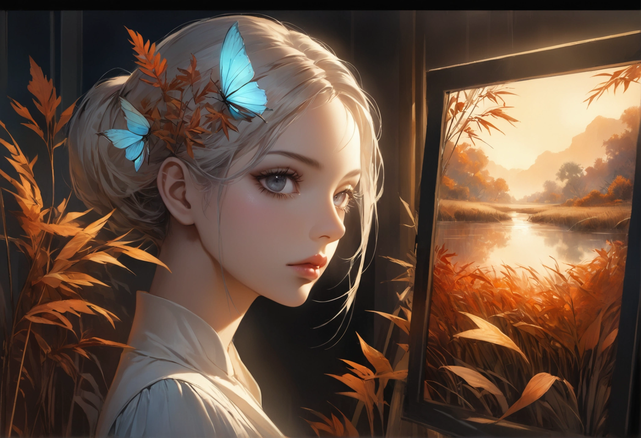Reed landscape, bright canvas, The reed leaves are fluttering, Transparent holographic reflection, Surreal landscape made of reed leaves, Leaves viewers speechless, A beautiful world, 1 Indian woman, detailed eyes, Black eyes, detailed lips, very detailed face, long eyelashes, Beautiful and detailed portraits, elegant, tranquil expression, autumn, high quality, 8k, realistic, surrealist, studio lighting, Physically Based Rendering, vivid colors, movie lights, dramatic lighting, soft lighting, dramatic contrast, clear, ethereal, dreamlike, mysterious, magical, fancy, concept art