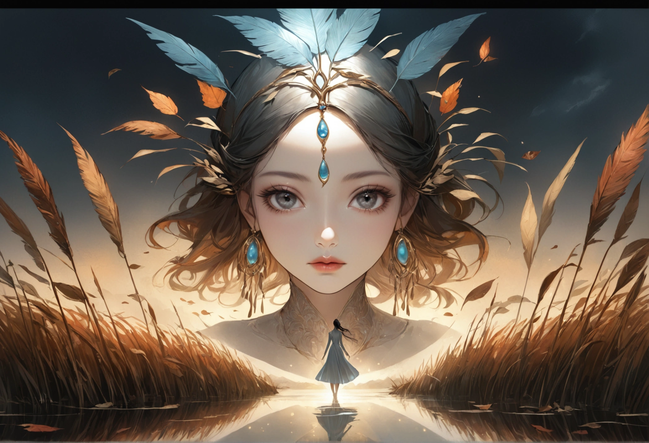 Reed landscape, bright canvas, The reed leaves are fluttering, Transparent holographic reflection, Surreal landscape made of reed leaves, Leaves viewers speechless, A beautiful world, 1 Indian woman, detailed eyes, Black eyes, detailed lips, very detailed face, long eyelashes, Beautiful and detailed portraits, elegant, tranquil expression, autumn, high quality, 8k, realistic, surrealist, studio lighting, Physically Based Rendering, vivid colors, movie lights, dramatic lighting, soft lighting, dramatic contrast, clear, ethereal, dreamlike, mysterious, magical, fancy, concept art