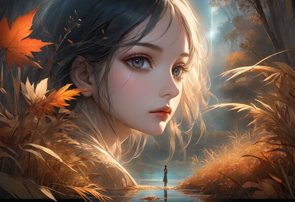 Reed landscape, bright canvas, The reed leaves are fluttering, Transparent holographic reflection, Surreal landscape made of reed leaves, Leaves viewers speechless, A beautiful world, 1 Indian woman, detailed eyes, Black eyes, detailed lips, very detailed face, long eyelashes, Beautiful and detailed portraits, elegant, tranquil expression, autumn, high quality, 8k, realistic, surrealist, studio lighting, Physically Based Rendering, vivid colors, movie lights, dramatic lighting, soft lighting, dramatic contrast, clear, ethereal, dreamlike, mysterious, magical, fancy, concept art