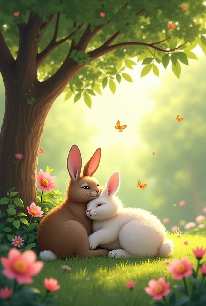 In a beautiful garden there lived a rabbit and a cat. They were relaxing under a tree.