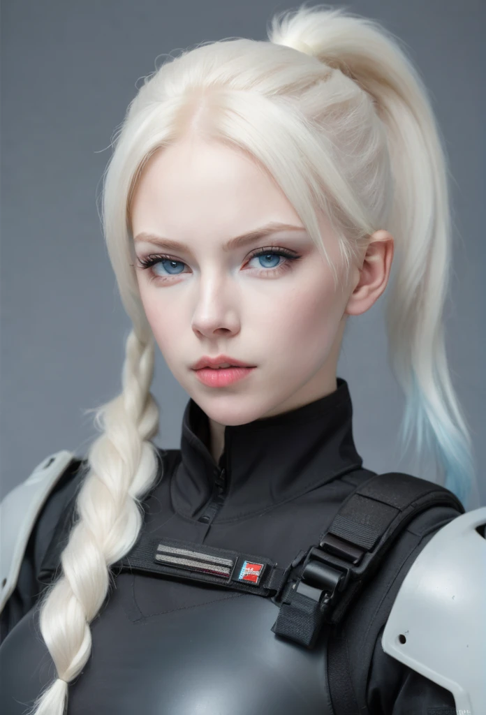 porcelain skinned woman, hair gathered in a ponytail, thin blonde eyebrows, White hair, very light blue eyes, small, upturned nose, almond eyes, black military tactical suit, beautiful albino woman, fluffy lips y rosados, fluffy lips, military special forces, fine features. serious expression, serene expression, black tactical military outfit.