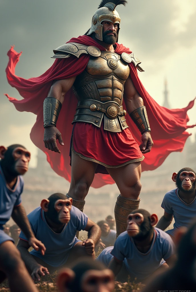 Gladiator with helmet dressed in red and white sports jersey over many defeated monkeys dressed in blue and black sports jersey