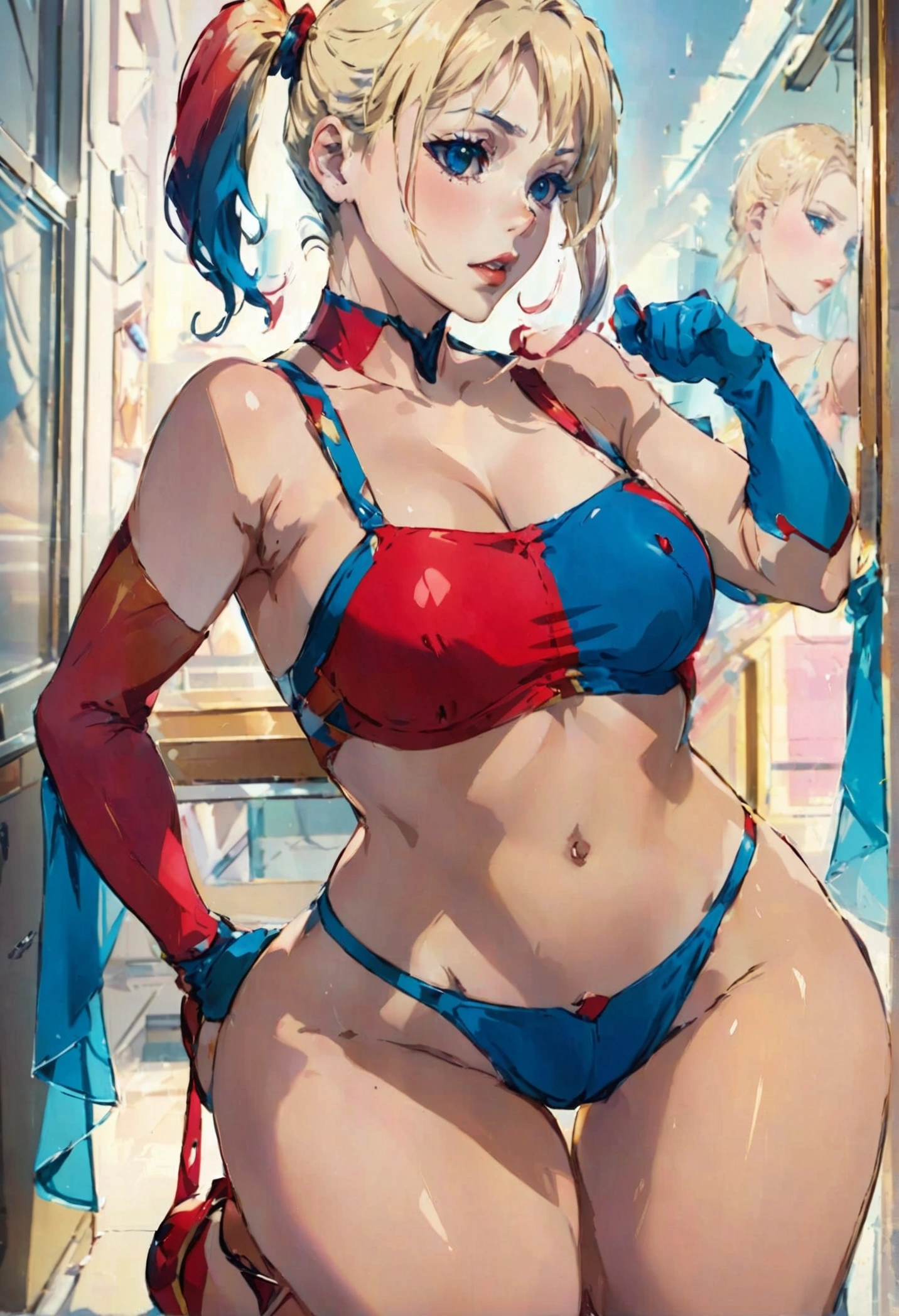 Erotic Harley Quinn wearing only red and blue panties, very sexy, thick thighs, big breasts, tight clothing, transparent clothing, cleavage 