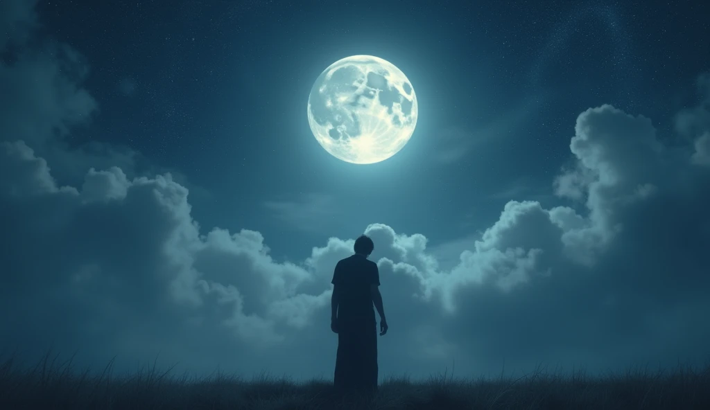 A person bowing their head in a gesture of humility and respect under a celestial sky with the moon partially obscured. The scene should evoke a sense of introspection and spiritual growth, with soft, ethereal lighting. --ar 16:9