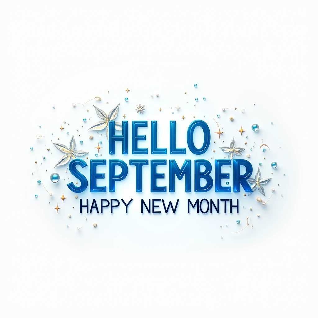 design of a happy New month, hyper realistic design, use blue and white for both fonts and background, add relevant interesting images and icons, beautiful. write on it "hello September happy new month"