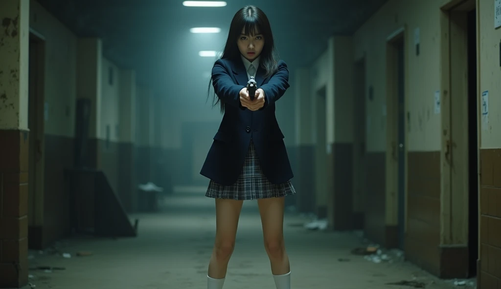 Genuine, Wide Shot, 1. woman, Japanese , Straight Medium Hair, Sharp eyes shine brightly, Long eyelashes, A navy blue blazer with a red ribbon tie over a white dress shirt, Checked mini skirt, Tokyo Metropolitan High School Uniform,Navy blue socks,Socks and white sneakers, She have a gun、, Kanna Hashimoto, Kill Bill, indoor, Bokeh effect, ,4K, Professional photography, Cinema Lighting,Round eyes,Fair skin,I'm attacking,Murderous Intent,Murderous Intent,Abandoned house,Abandoned Factory,Holding in both hands,She's pointing his gun at me
