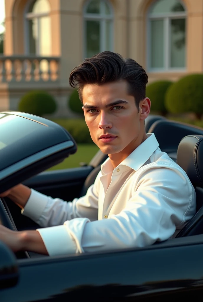 a beatifull man of 2 with a fair soft white skin with and puff of hair with black colour hair style wear a white shirt and sitting on driving seat of black buggati and car infront of luxury house