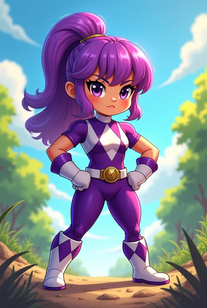 Create an image of a purple haired power ranger clothes, chibi muscle girl, sunny day, thicc, muscle legs,