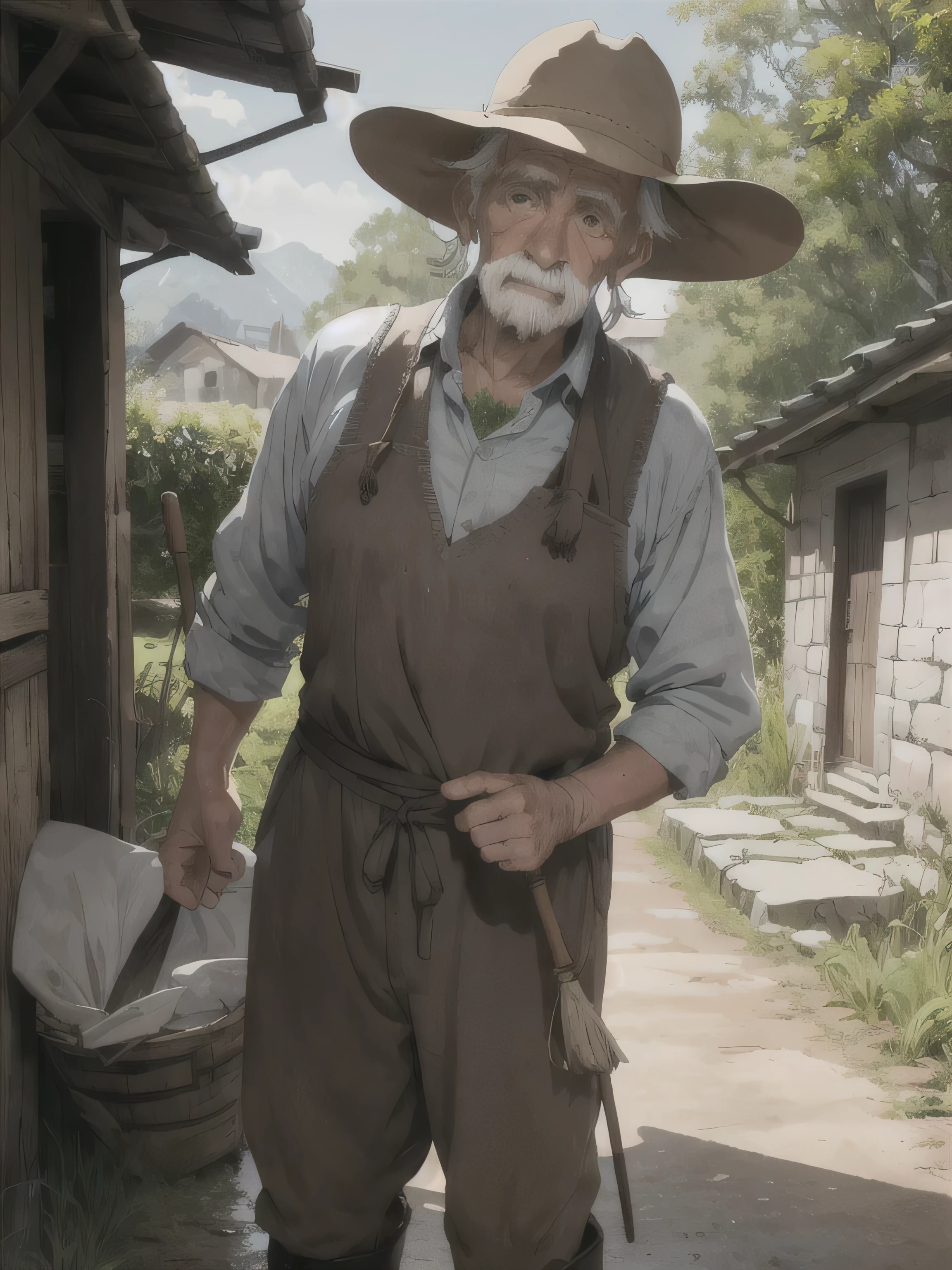 Mr. Walter is an elderly farmer in his late 60s, living in a medieval village. He has a weathered, tanned face from years of working the land, and his silver hair is often tucked under a simple, worn cap. He’s tall and sturdy, though slightly hunched from a lifetime of labor in the fields. He usually wears rough, homespun clothes—a tunic, sturdy trousers, and boots caked with mud. His hazel eyes are warm and wise, and he speaks in a calm, gravelly voice that carries the weight of experience. Mr. Walter is well-respected in the village, known for his hard work and deep knowledge of the land. He often shares advice with the younger villagers, especially about the best places to fish or which crops to plant, always with a gentle smile and genuine concern for their well-being.