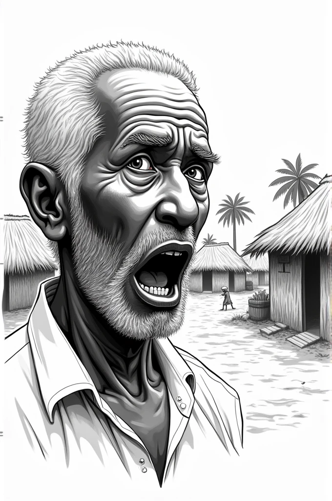 Draw a close up shot of a very simple black and white hand drawing storyboard of an old man looking very shocked in a Nigerian village setting