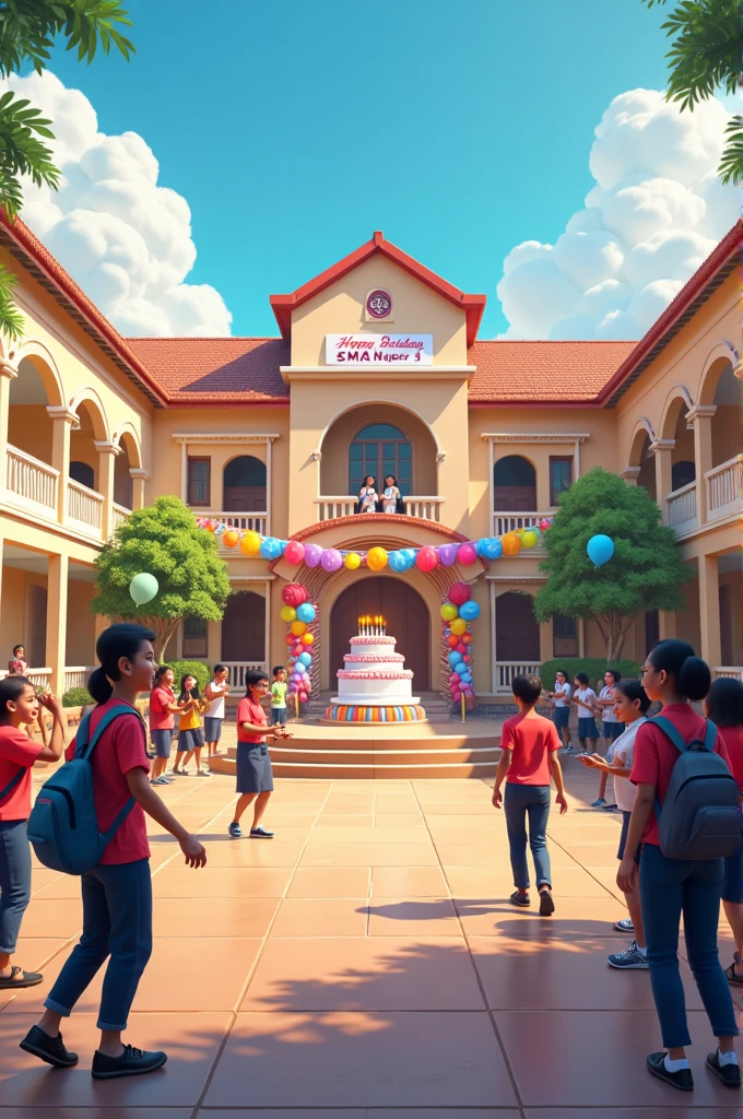 3D illustration like a painting depicting the atmosphere of the anniversary celebration of SMA Negeri 1. In the picture, looks like a school building with a distinctive architecture, decorated with colorful balloons and banners that read "Happy Birthday SMA Negeri 1". In the school yard, there are students who are celebrating, some of them play music and dance. In the middle of the page, there is a stage with festive decorations, and a big birthday cake with lit candles. The sky is clear with white clouds, giving the impression of a warm and enthusiastic atmosphere.