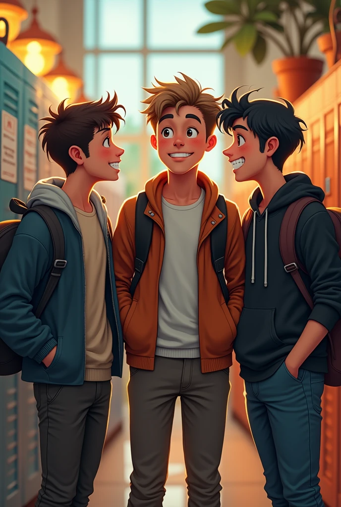 (photorealism:1.2), Create a photo where there are 3 best friends men boys in a school
