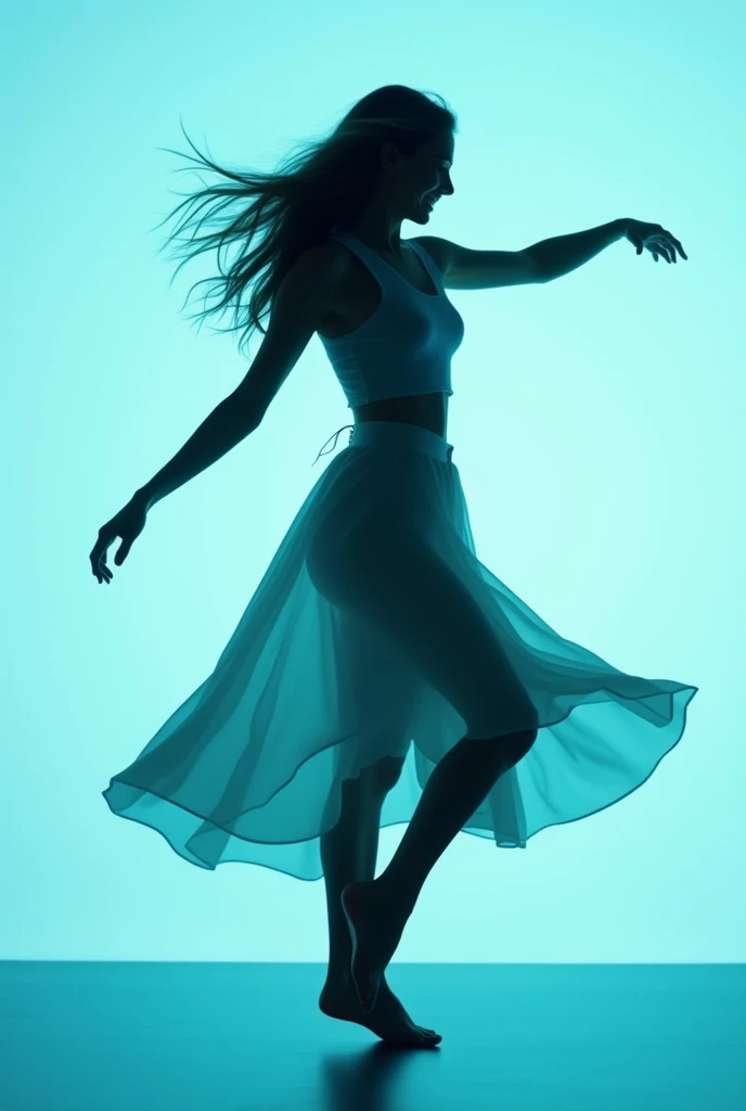 Black silhouette image of woman dancing to 2000s music ...pastel blue background 