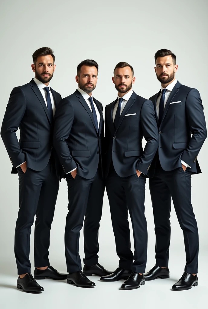 four attractive 30-year-old men in Hugo Boss suits , Nice beard , Executive Sexy Man, Suit then, Front camera focus, portrait mode, perfectly straight in front of the camera , Full body standing , hands in pockets, Black Suit