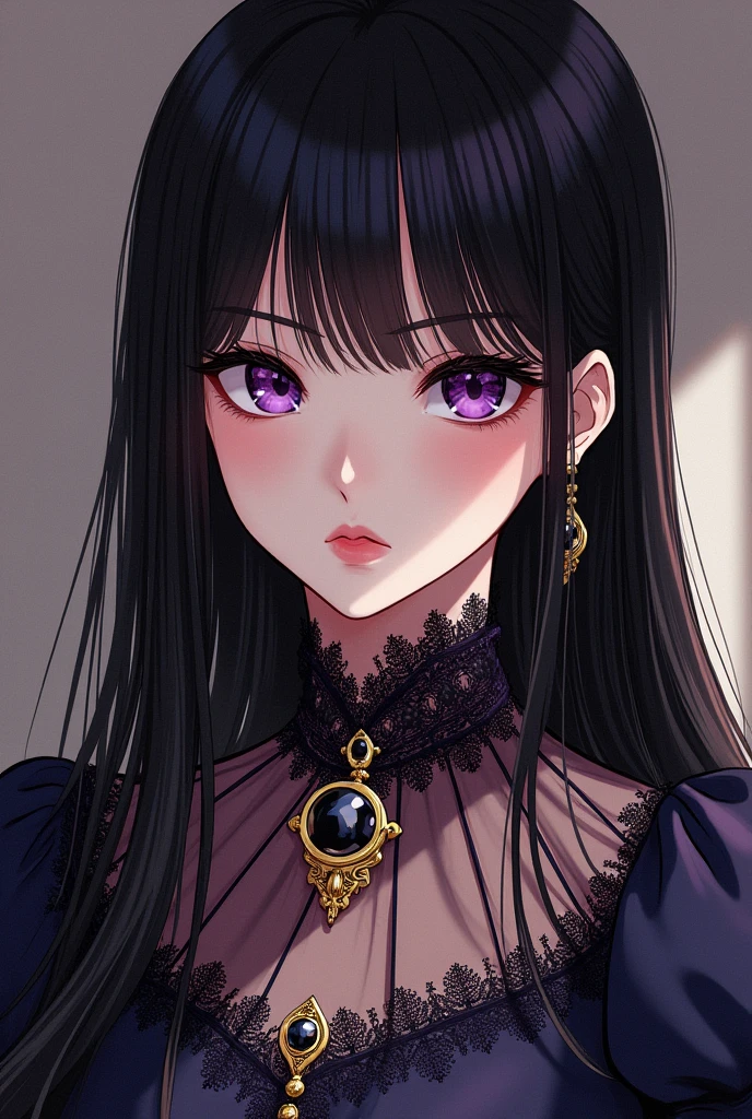The image would be a manga style illustration of a young girl with long, straight hair., dark eyes and a delicate face, wearing an elegant Renaissance dress with intricate details, similar to those seen in the series "Black Butler". The young woman's eyes would be a deep violet, with realistic and expressive details. The dress would be a dark color, like navy blue or burgundy red, with gold decorations and lace, reflecting the opulence and luxury of the Victorian era, which is a distinctive feature of the series that it is sensual