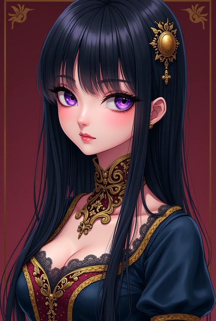 The image would be a manga style illustration of a young girl with long, straight hair., dark eyes and a delicate face, wearing an elegant Renaissance dress with intricate details, similar to those seen in the series "Black Butler". The young woman&#39;s eyes would be a deep violet, with realistic and expressive details. The dress would be a dark color, like navy blue or burgundy red, with gold decorations and lace, reflecting the opulence and luxury of the Victorian era, which is a distinctive feature of the series that it is sensual 