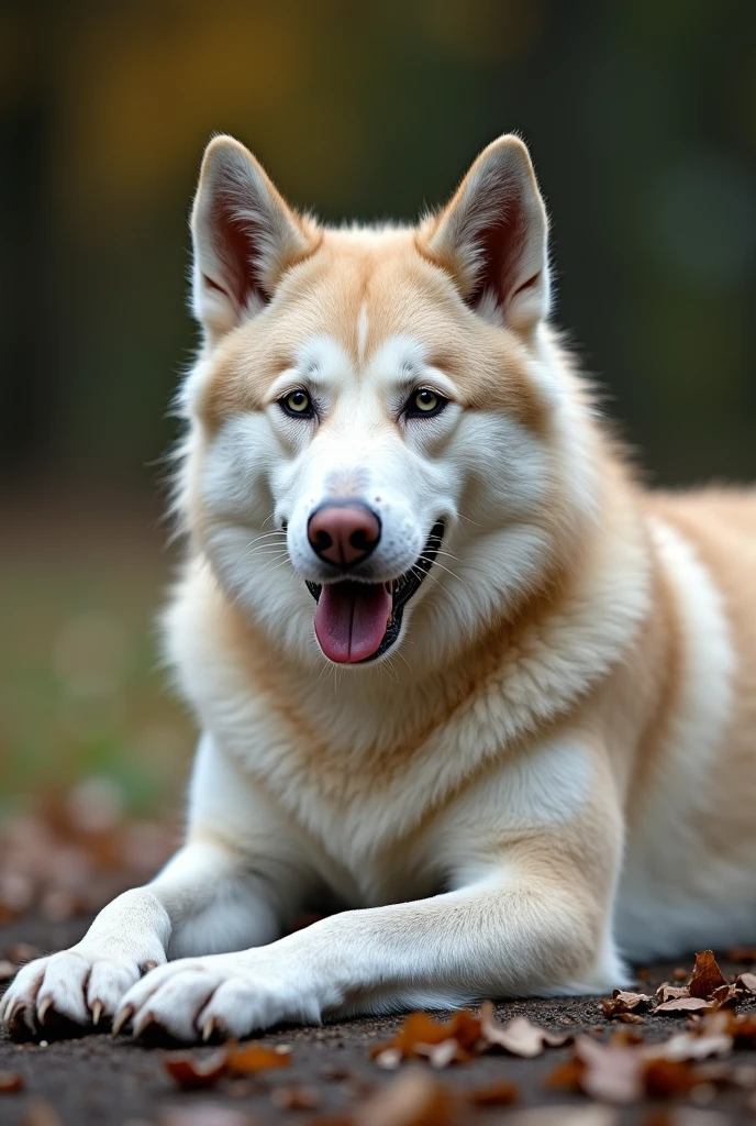 male feral dog, husky, geay and white fur, laying sprawled out on the ground, with a throbbing erect cock porn