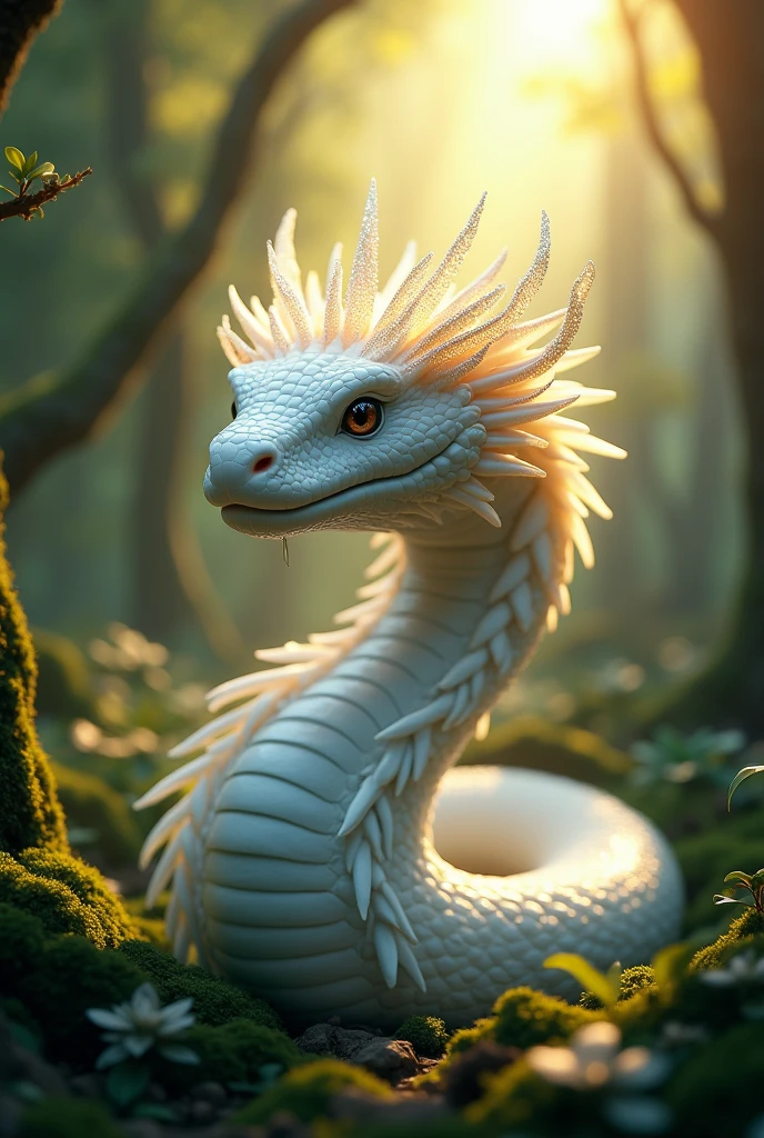 White snake wearing a crown、god mysterious forest、Shiny scales、Symmetrical、god々Shii、Sunshine、Face facing forward、顔はクローズアップ、