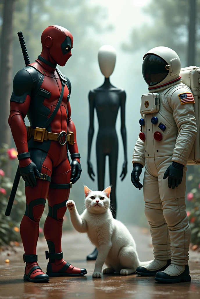 Deadpool, slanderman with suit, an astronaut, a white cat taking a selfie together
