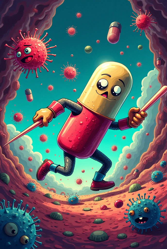 Create an image of an antibiotic pill killing bacteria that is a drawing with color