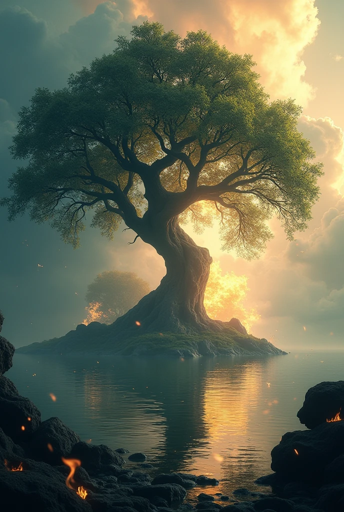 A movie poster, with a tree in the background , flames on the edges of the poster, water drops and winds around