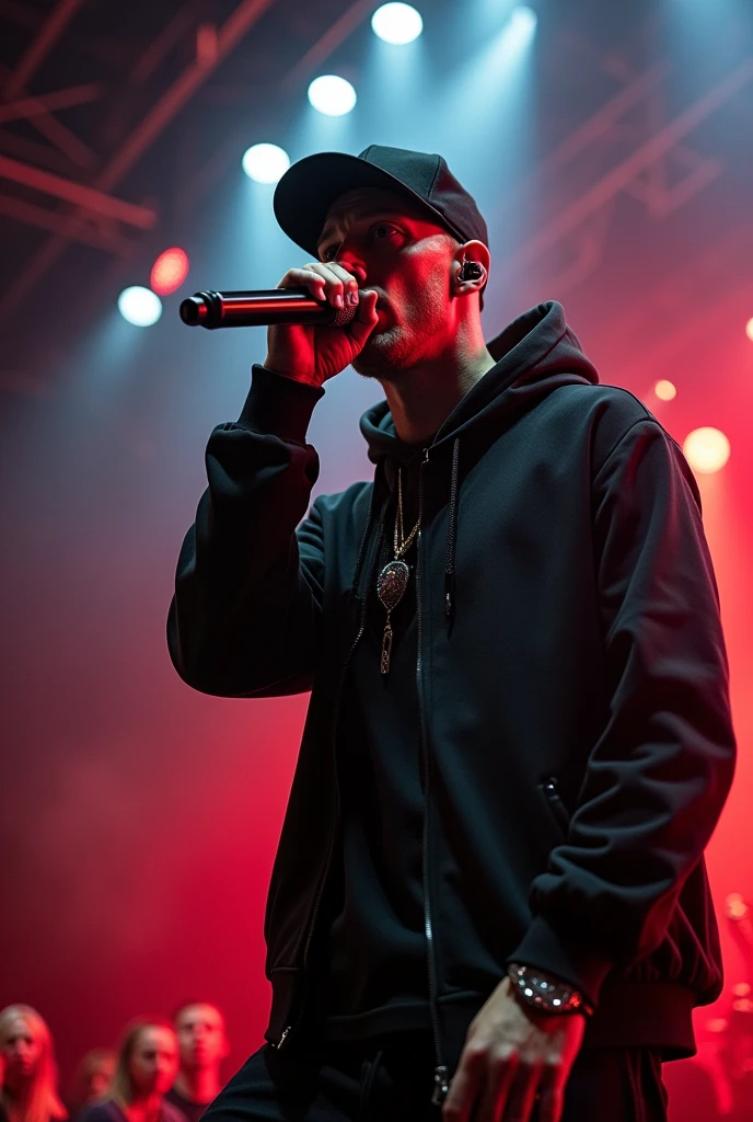 Eminem in concert singing from the side