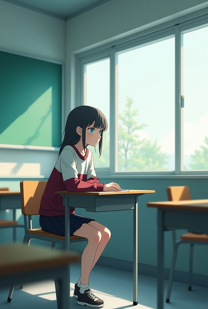 in a class room,There are two people sitting,one in one corner and the other in another,One is a teenage girl, light blue eyes,by the wide ,white,burgundy sweater,black skirt,sitting alone at the desk in the corner of a classroom and looking out the window with a bored face, anime/manga