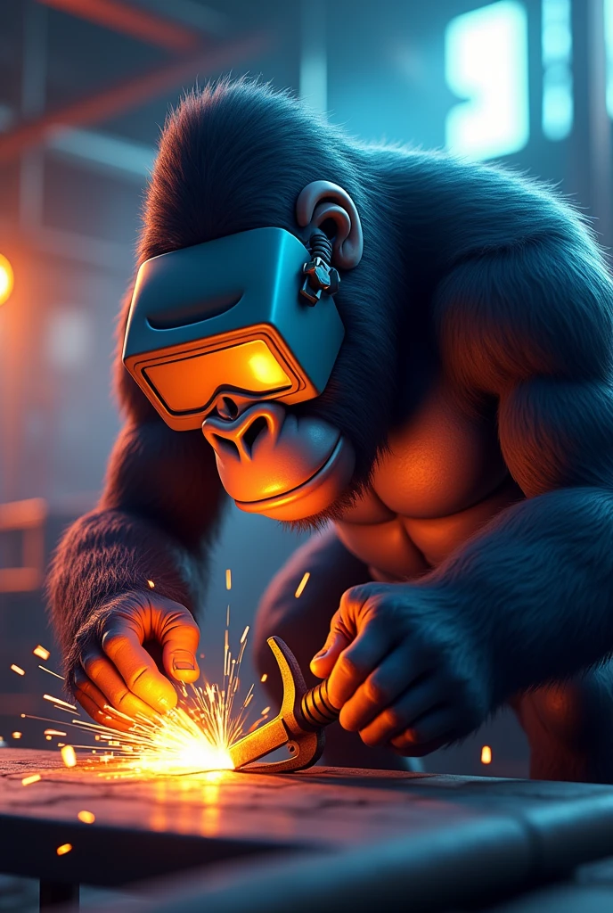 From a gorilla welding animated logo with welding mask and clamp


