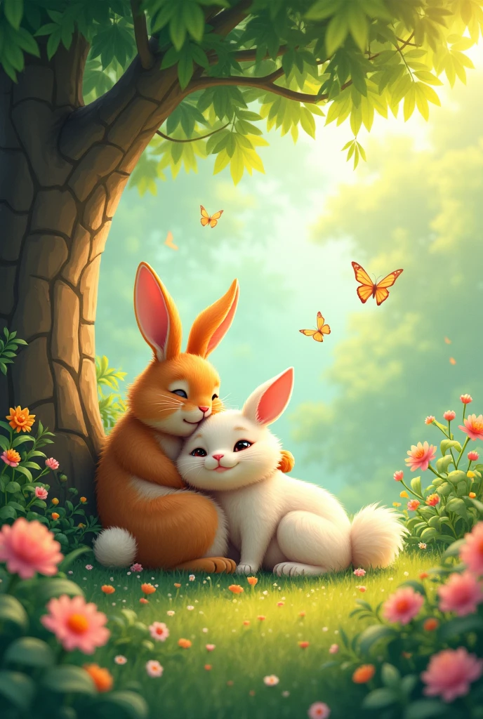  In a beautiful garden there lived a rabbit and a cat. They were relaxing under a tree.