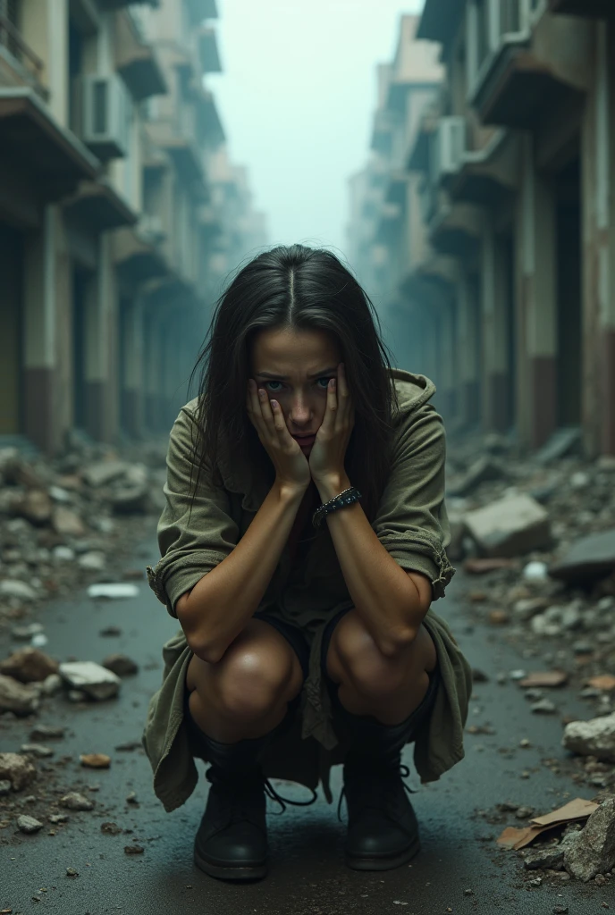 A girl in a dark, post-apocalyptic city, terrified expression, trembling, hiding from zombies, cinematic lighting, ultra realistic, 8k, intricate details, photorealistic, hyper detailed, dramatic shadows, gritty, dystopian, cinematic composition, intense atmosphere, high contrast, realistic textures, chiaroscuro lighting, environmental storytelling, compelling narrative, emotional intensity