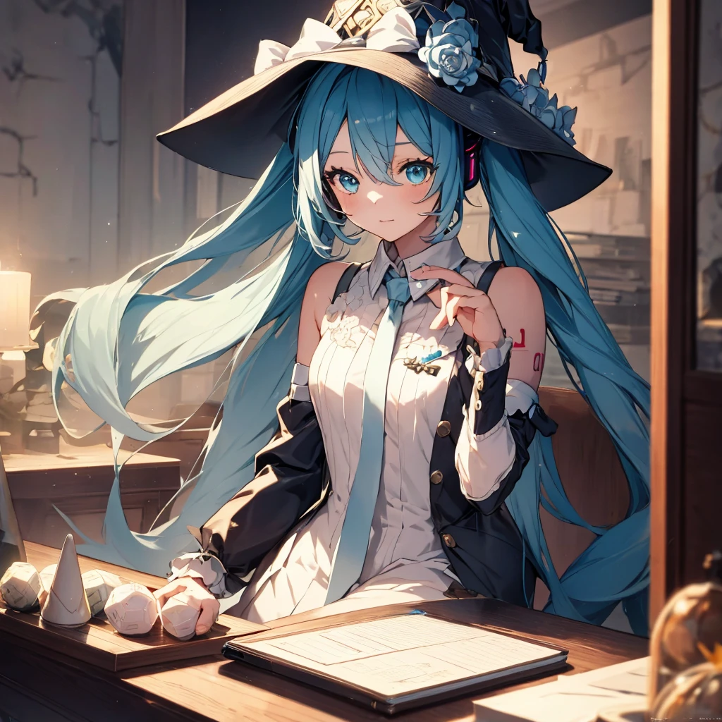 a beautiful detailed girl with long blue hair, Hatsune Miku, wearing a witch hat, sitting at a table playing a tabletop RPG, rolling dice, intricate details, fantasy, magical, warm lighting, vibrant colors, photorealistic, 8k, hyperdetailed