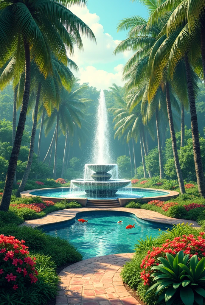 A path surrounded by palm trees A garden full of tropical plants and flowers A fountain with clear, crystal-clear water, with colorful fish A feeling of strength and power