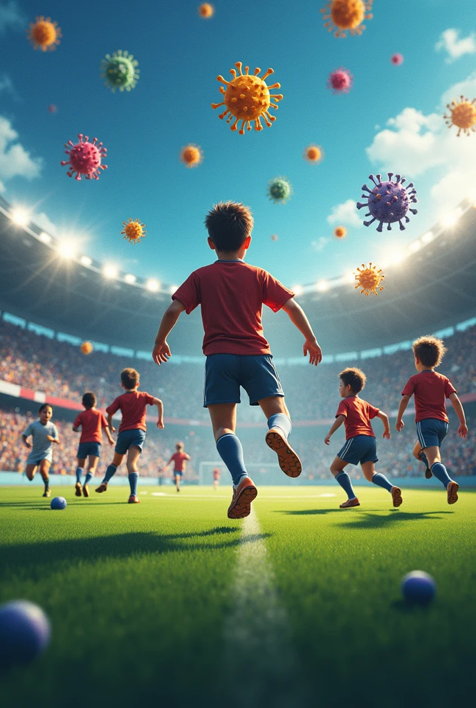 football field, Team No. 1 of strong and well-trained children and Team No. 2 of pathogenic viruses and bacteria