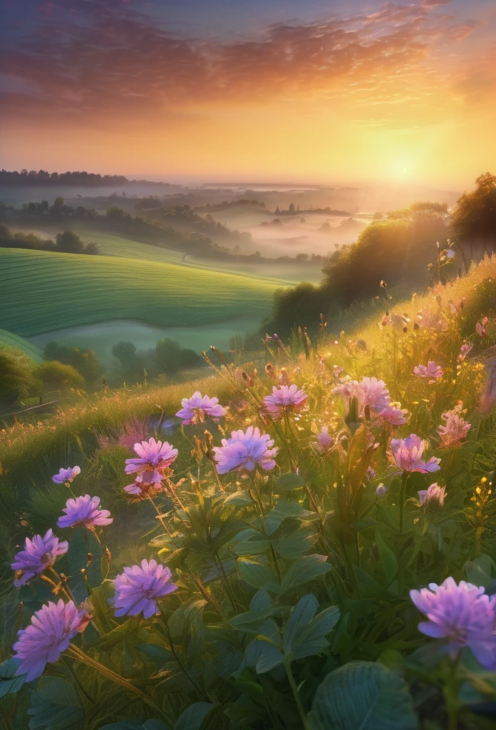 a beautiful morning sunrise, delicate flowers with dew drops, breathtaking landscape, serene and tranquil atmosphere, golden sunlight, soft natural lighting, highly detailed, 8k, photorealistic, cinematic, dramatic lighting, vibrant colors, lush greenery, picturesque countryside, romantic and ethereal, masterpiece