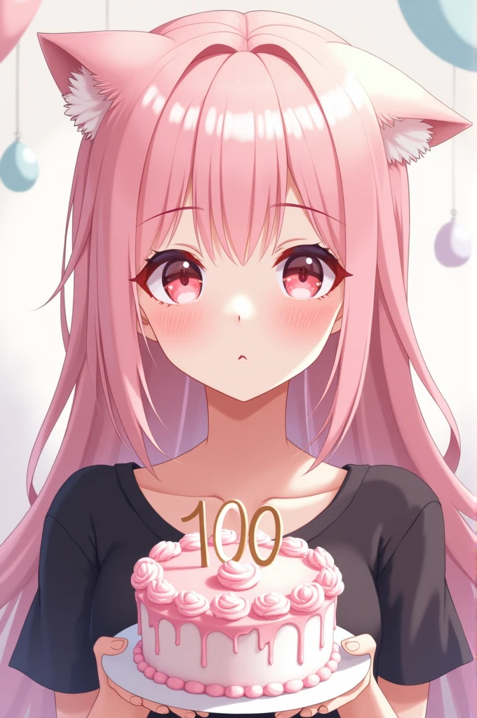 A female anime drawing with light pink hair with pale white skin and holding a cake in her hands with the number 100 and wearing a black top 