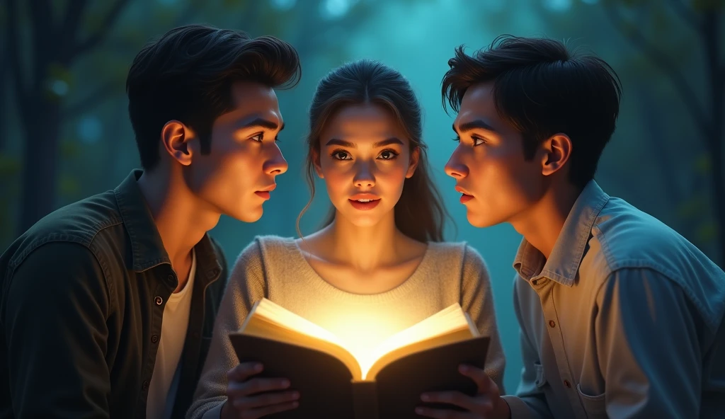 realistic 1 male young adult with hair down pull another male young adult and 1 female young adult to walk backward from a book that glow so bright in the middle of the night