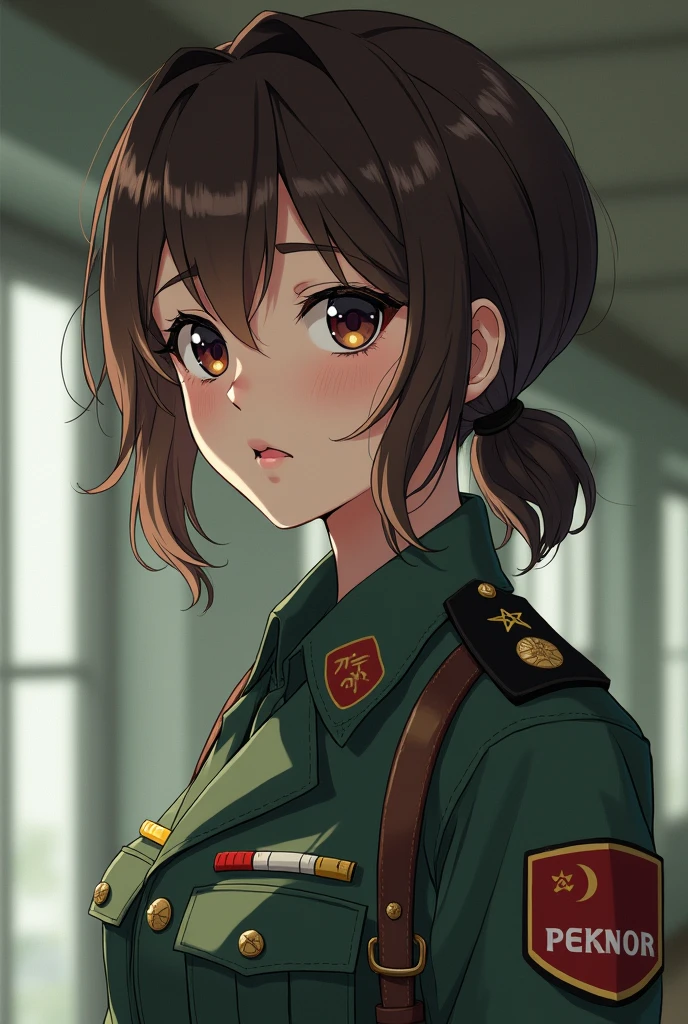 anime girl, Animated style with a touch of suspense, with short wavy hair tied in a ponytail, Brown hair, in a worn-out South Korean military uniform 